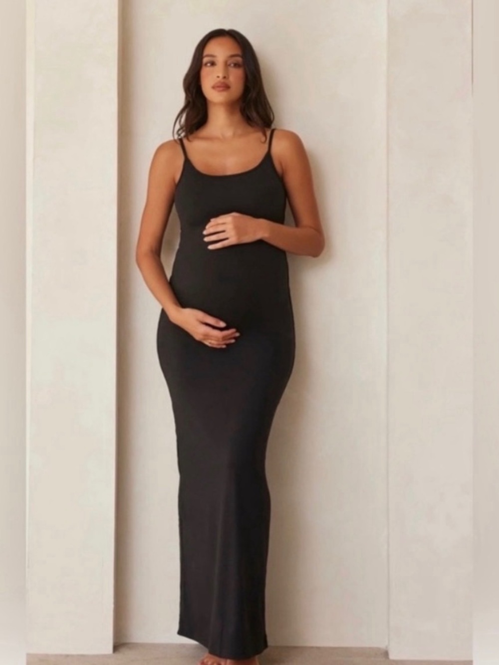 Bumpsuit Maternity Maxi Dress Black Ribbed Spaghetti Strap Size XS